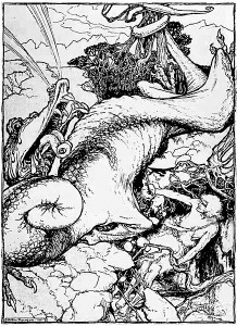 The legendary Norse Hero Siegfried kills the dragon Fafnir.